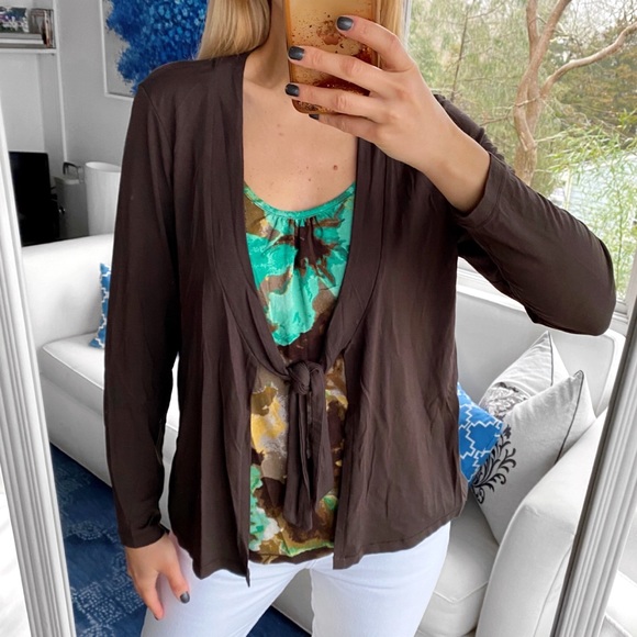 🤎 OLSEN BROWN BLUE GREEN MULTI 2-in1 FRONT TIE LONG SLEEVE PULLOVER TOP! - Picture 3 of 13
